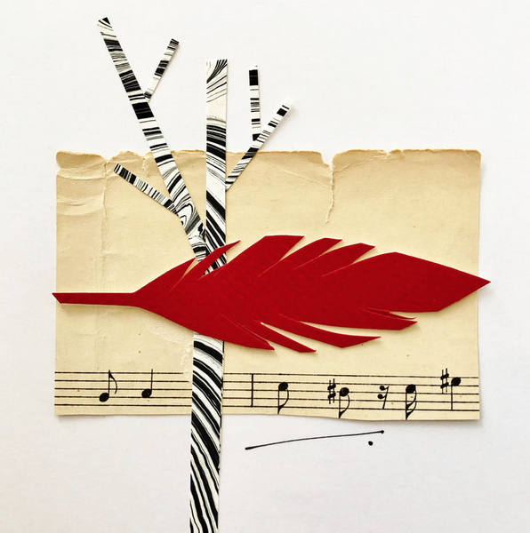 collage of black and white tree with a red feather overlay on top of ragged edge yellowed sheet music